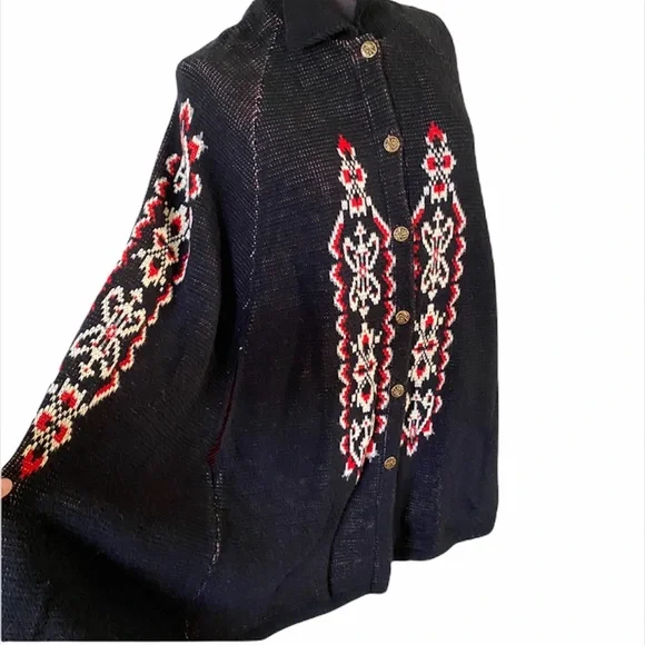 Vintage 70’s Fair Isle Poncho Cape Sturbridge By Roosevelt Black Red Knit Womens - Picture 2 of 11